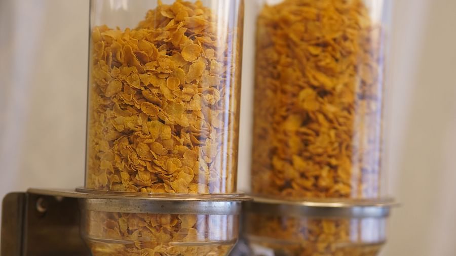 an image of cornflakes kept in a glass refill at  City Centre Residency, Bangalore