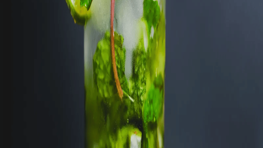 Refreshing green mojito garnished with lime, mint, and a tiny snack pack — a vibrant beverage creation from D Café at Dip Holidays.