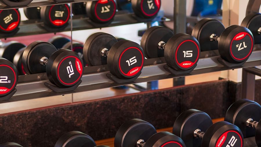 Gamyam Retreat, Kumta - Dumbbells stacked in a rack in our fitness centre