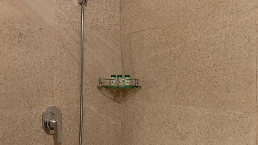 Shower area with necessary fittings in the bathroom of Maharaja Deluxe Room of Hotel Highway King in Behror.