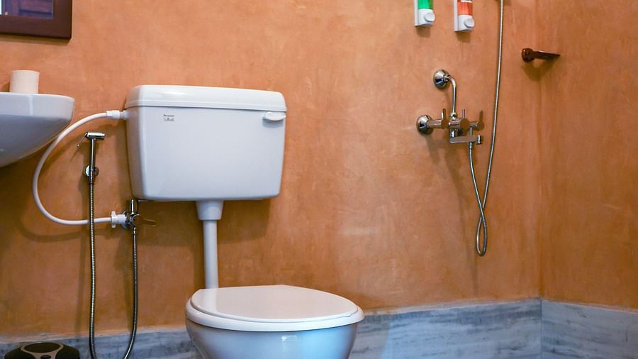 A western bathroom that has a commode, a sink, mirror on the wall, faucet, showerhead, etc | Mango Hill La Serene, Pondicherry