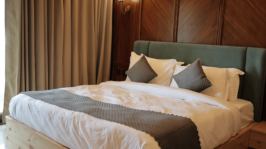 Close-up of the stylish bathroom vanity and mirror in the Presidential Suite.