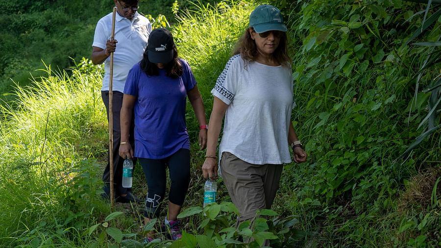 a group of people walking in the forest on a hike - Neer Ganga Resorts
