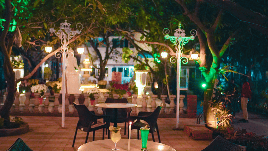 A romantic outdoor dining table and chairs set up under a lit tree in a resort garden at night.
