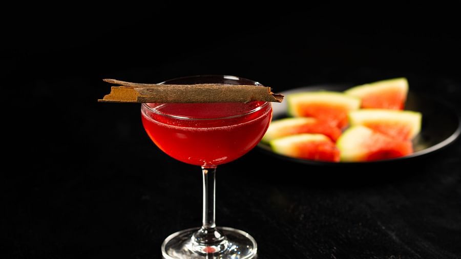 A vibrant red cocktail, garnished with an orange peel and a sprig, sits in a stemmed glass against a dark backdrop, accompanied by orange slices at The Qualia Resort Club & Brewery, Udaipur.