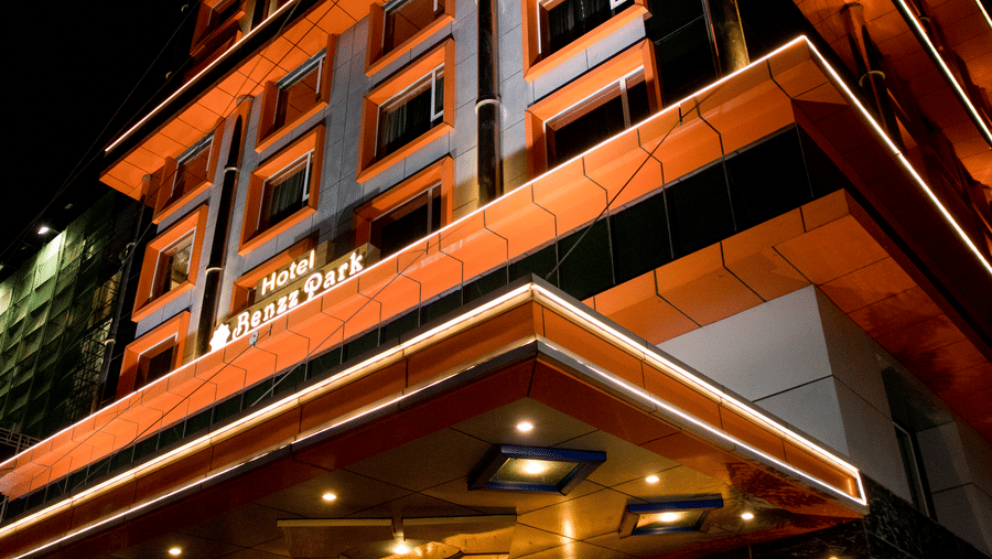 Exterior shot of the Benzz Park, Vellore, taken from a lower angle during the night.