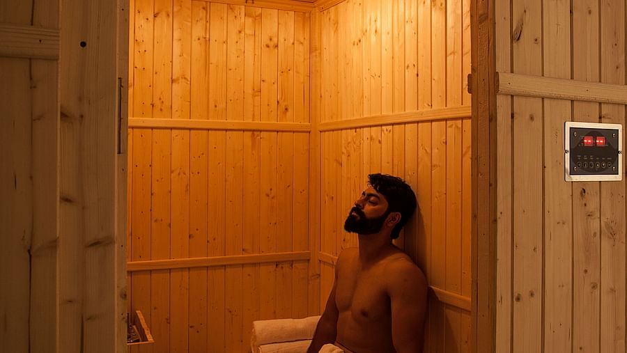 Person sitting in a wooden sauna, warm light, relaxation setting - Shreyas Retreat