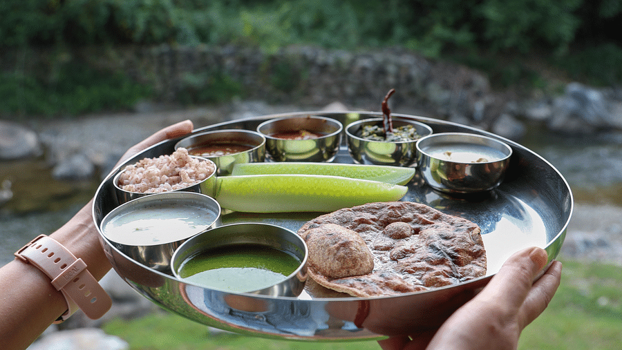 A shot of a meal with a background of trees at the Sylvan Retreat, Dehradun.