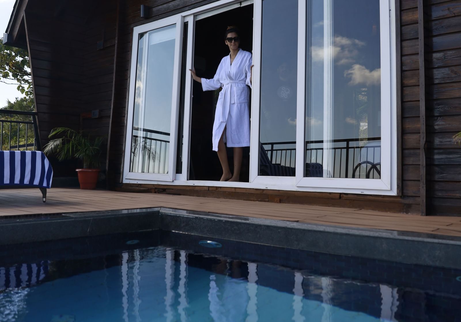 Exterior view of a villa with private pool at Polo Resort Cherrapunjee.