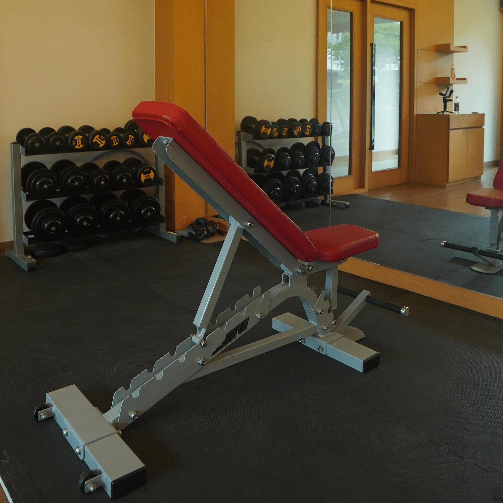 Gym equipment positioned opposite the mirror
