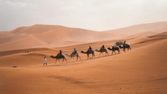 A guide taking people for a camel back ride in the desert on a cloudy day