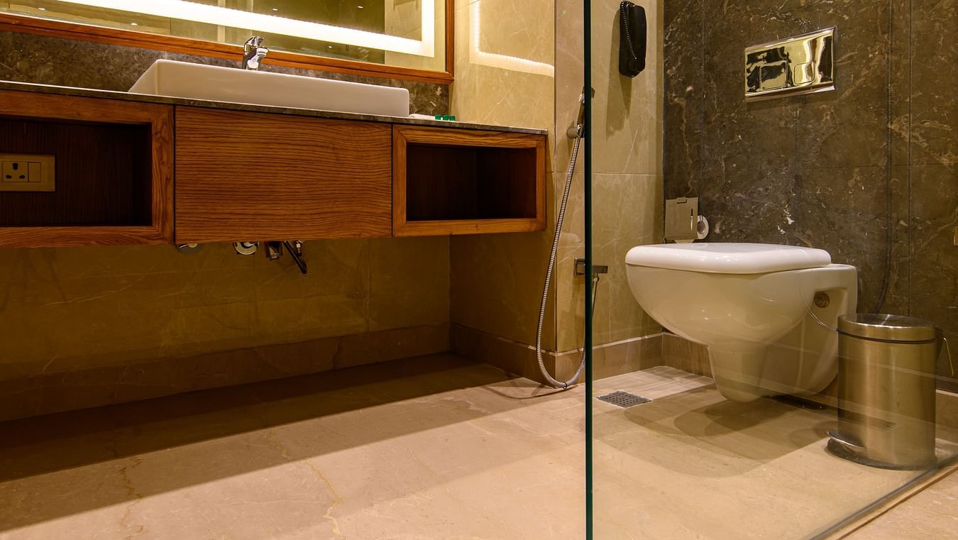 The interiors of a bathroom with a shower cubicle of one of the rooms in Pushkar at our 5-star resort 78
