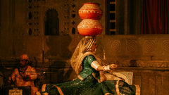 A female Rajasthani folk dancer with a couple of earthen pots on her head on the stage