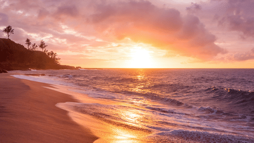 a beach during sunset with a painted sky
