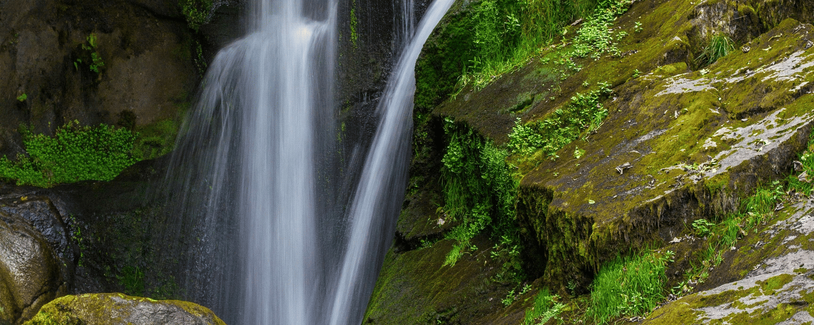 A long-exposure shot of a waterfall cascading down a moss-covered rock face in a lush forest.