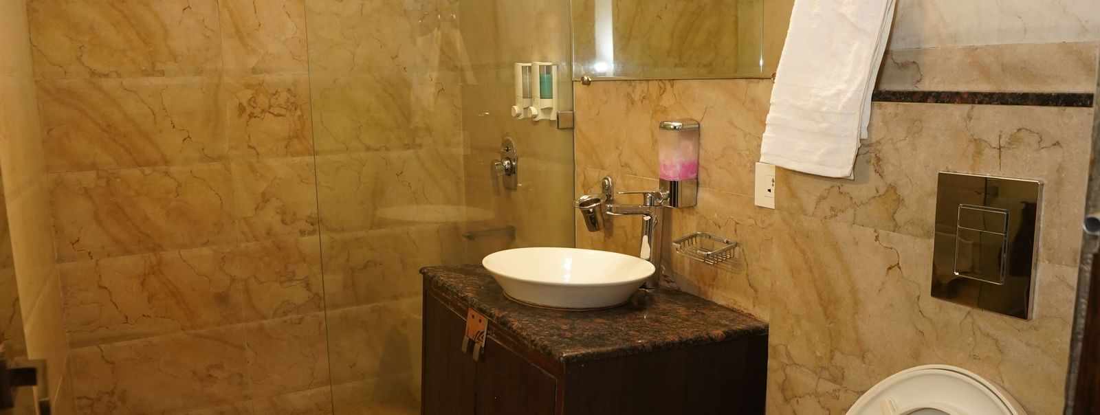 Shower area with wall-mounted water heater separated from commode and sink at Hotel Dreamland, Chandigarh