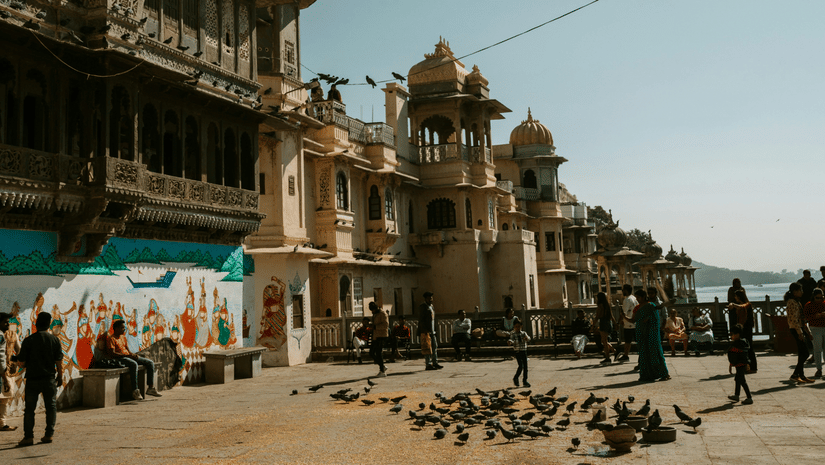 A flock of pigeons gathered in front of Bagore Ki Haveli on a bright sunny day.