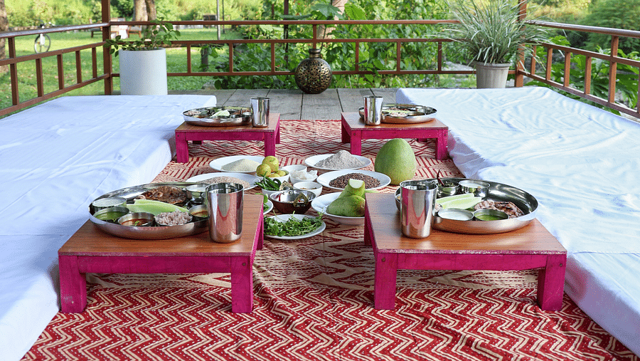 An authentic dining setting for a meal at The Sylvan Retreat, Dehradun.