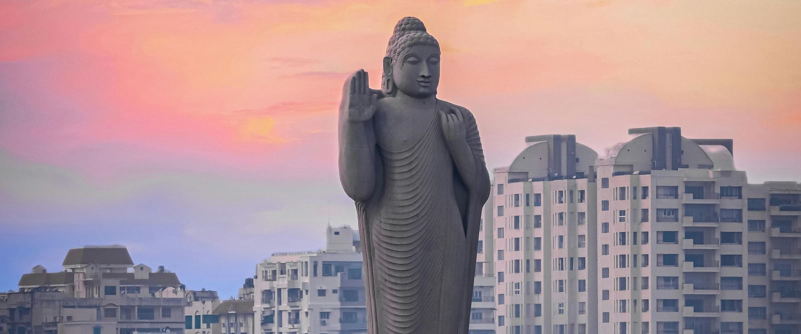 A large monolithic statue of the Gautama Buddha in Hussain Sagar Lake 