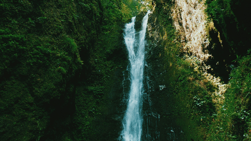 a waterfall flowing through a downwards covered by greenery on both sides and large stones in the bottom