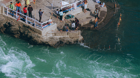 A close view of the Devprayag Sangam point where  devotees gather and take a holy dip at the sacred river confluence.