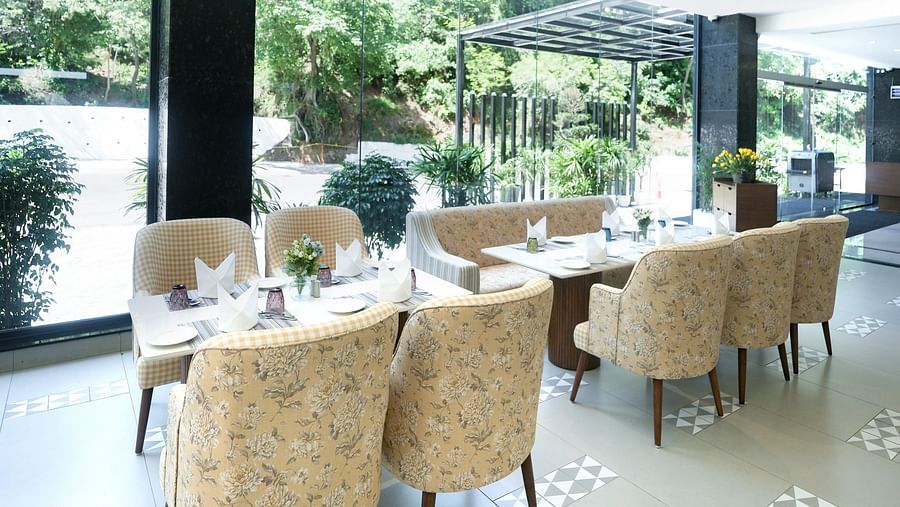 A dining arrangement at NUTMEGG, a pure vegetarian restaurant in Kangra, featuring chairs positioned to face the stunning views of the scenery - NAMAMI BY ZENQ BANKHANDI