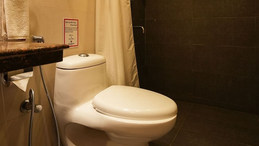 Image of bathroom featuring a toiled next to the sink and shower place