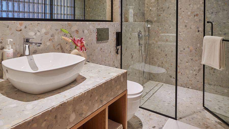 Image of a washroom with glass doors and modern amenities at The Dukes Retreat.
