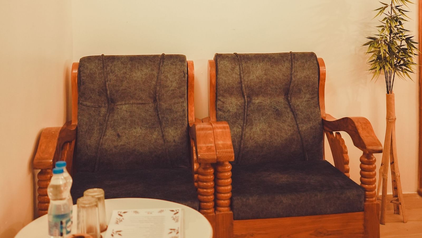 image of the common seating area with two cushioned chairs with a round coffee table in front of it