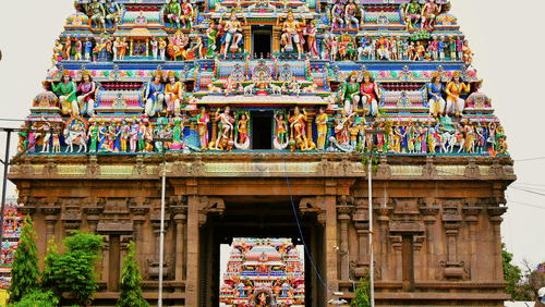 A magnificent gopuram (tower) of a Hindu temple dedicated to Lord Shiva.