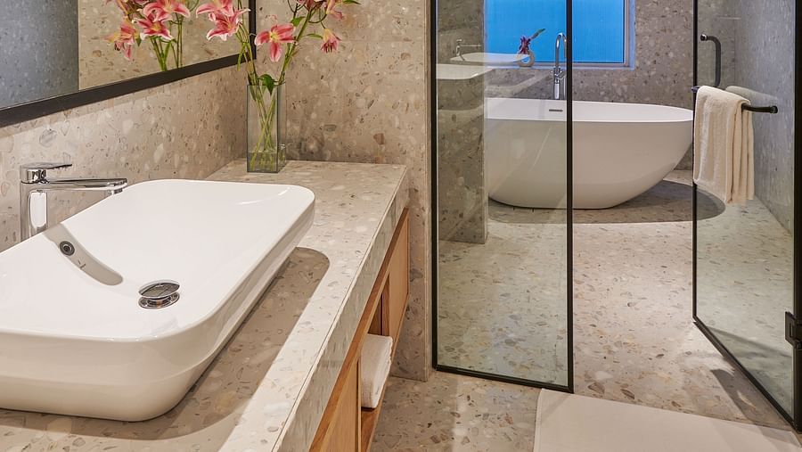 Image of a washroom with a glass door saperating the bath area - The Dukes Retreat, Khandala