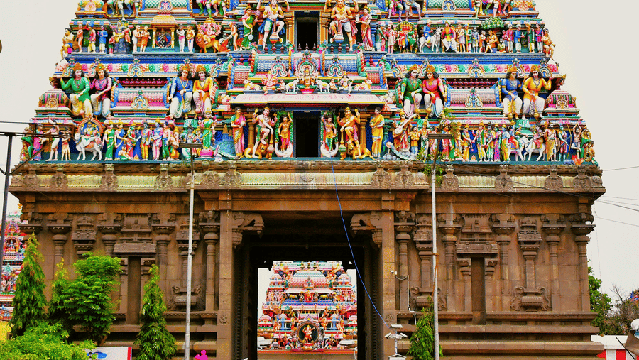 A far-out view of a magnificent Gopuram (tower) of a Hindu temple dedicated to Lord Shiva.