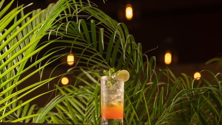 A glass of juice kept on a railing with tress in the the background at Ananta Spa & Resorts, Ajabgarh