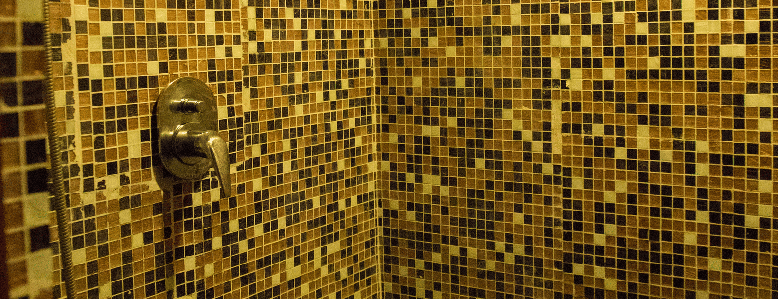 A bathroom with Mosaic tiled walls with a hand shower mounted on the wall at Benzz Park, Vellore.