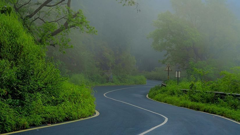 hill road on a foggy day 