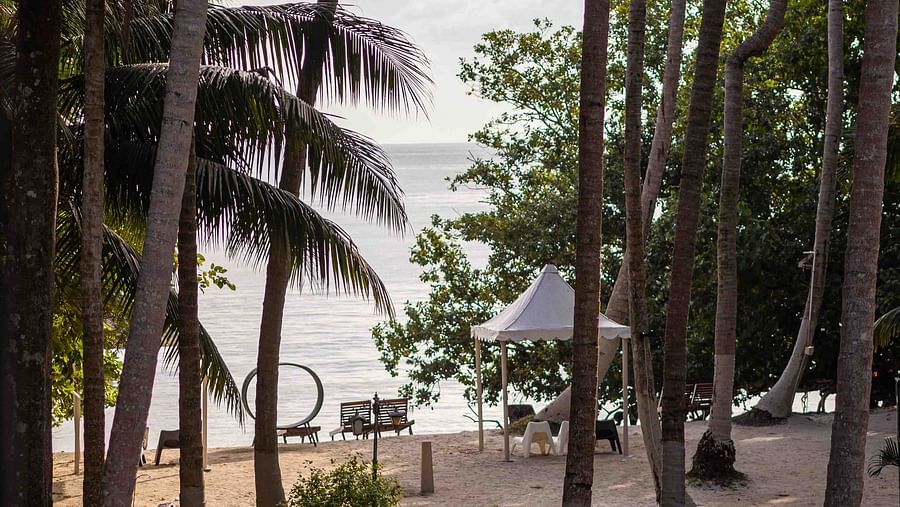A spacious, tropical outdoor area featuring shaded seating under a thatched roof. The surrounding palm trees and lush greenery create a relaxing environment - Coral Reef Resort & Spa, Havelock