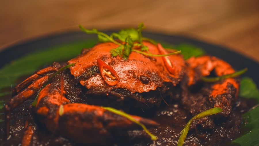 image of a crab preparation topped with green coriander leaf - Dip Holidays, Birbhum