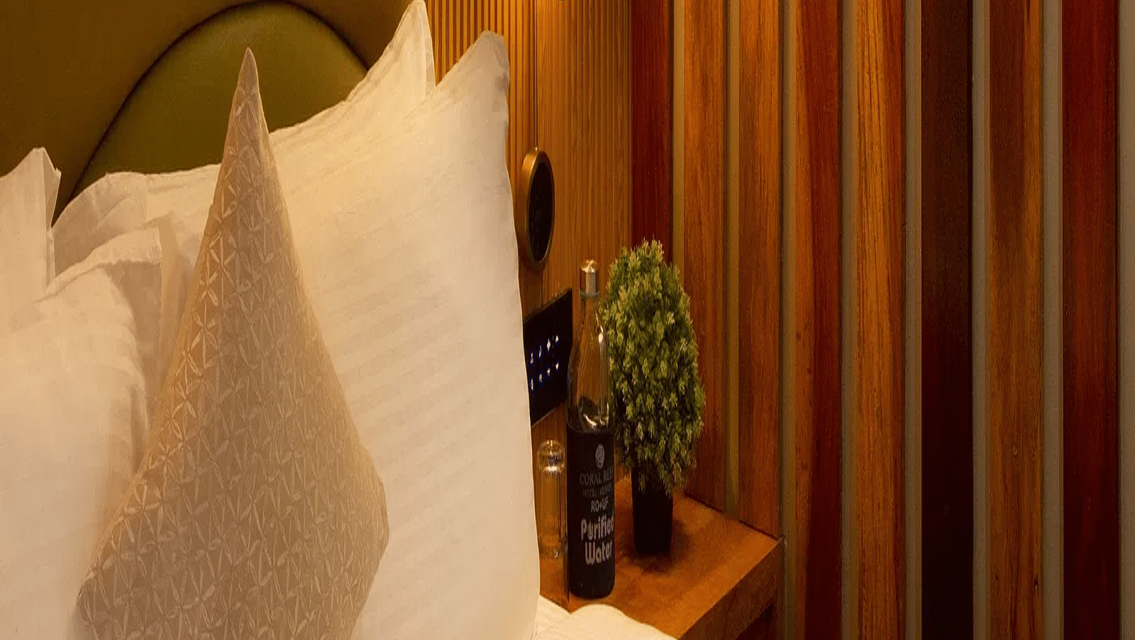 Image of Coral Sapphire at Coral Reef Resort and Spa in Havelock featuring a plush bed under warm lighting and a wall painting next to it on the wall