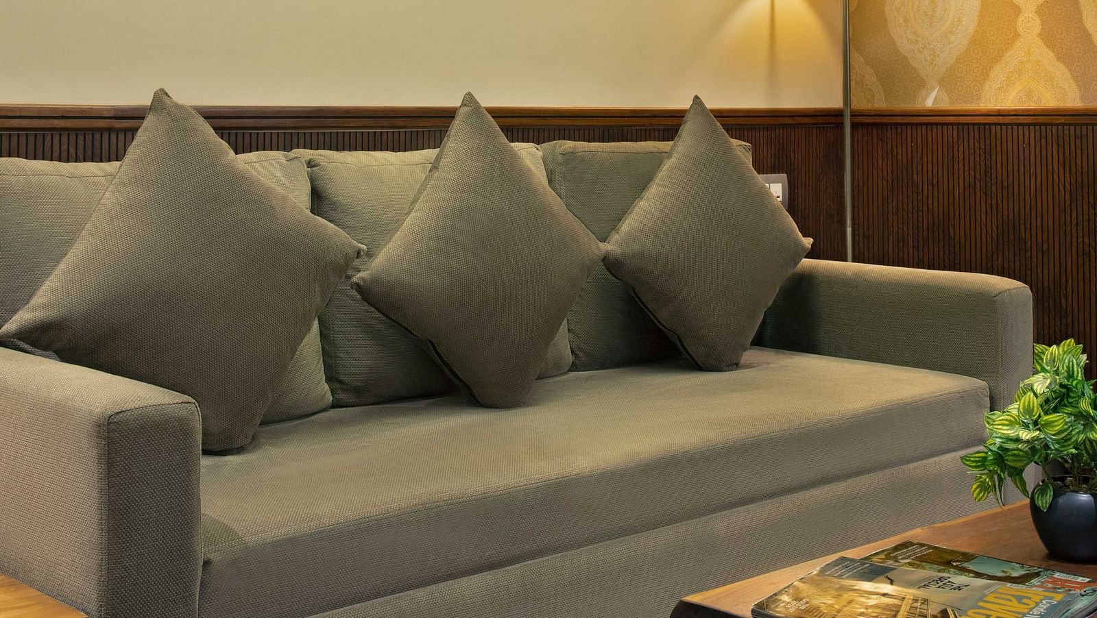 Image of Coral Suite at Coral Reef Hotel and Spa in Port Blair featuring a three seater sofa along with a coffee table in front of it and wall hangings over it and a lamp in the corner