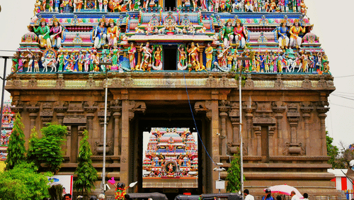 A far-out view of a magnificent Gopuram (tower) of a Hindu temple dedicated to Lord Shiva.