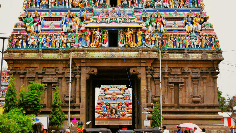 A magnificent gopuram (tower) of a Hindu temple dedicated to Lord Shiva.