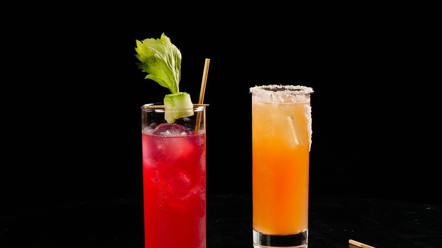 Two slender cocktail glasses, one filled with a red drink and the other with an orange one, both garnished with herbs, stand side by side on a reflective black surface at The Qualia Resort Club & Brewery, Udaipur.