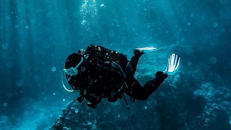 An overview of a person scuba diving with the sun's rays shining down.