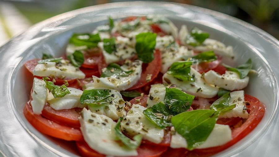 caprese salad served in a white plate with a backdrop of nature - Neer Ganga Resorts