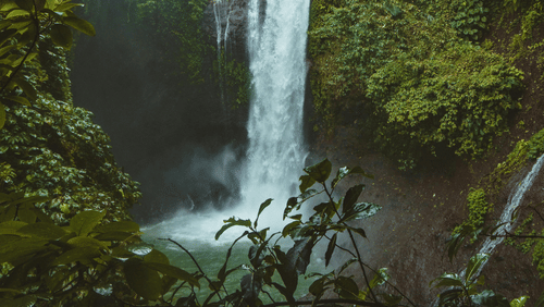 A wide angle shot of  a waterfall