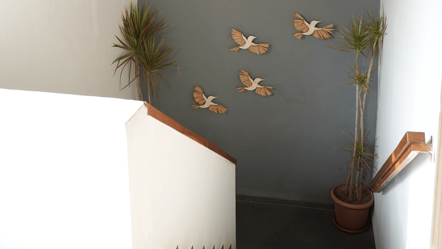 Decorative bird figurines fly up a wall above a concrete staircase, next to a small potted plant at Bougainvillea, Alibaug.