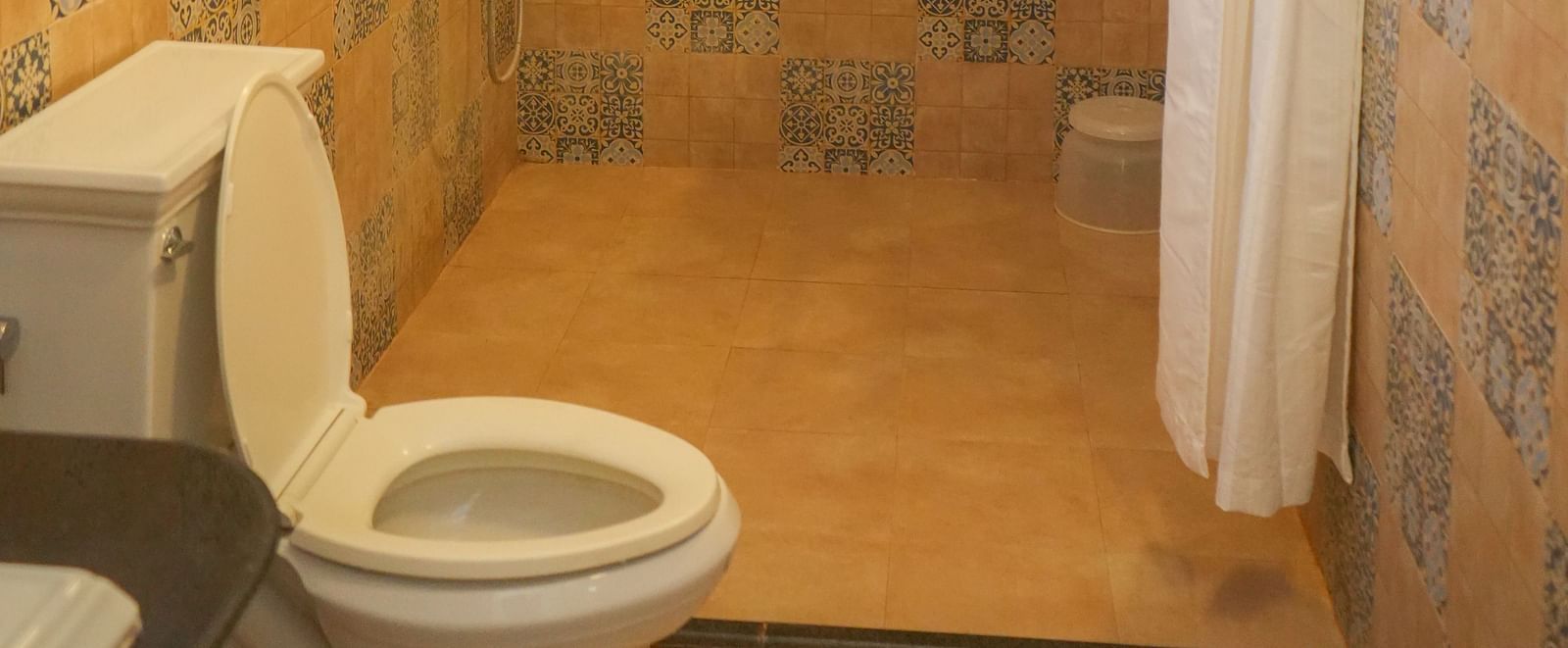 Side view of a washroom with a western toilet, and a curtain pulled aside leading to the shower area at De Soul Santé, Morjim.