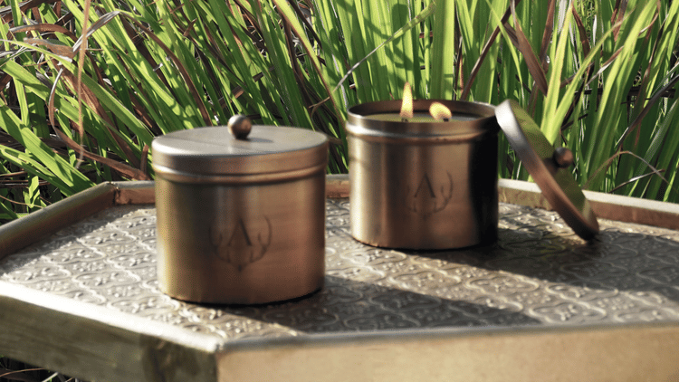 Two bronze-coloured storage canisters placed on a tray outdoors, with lush green lemon grass plants swaying in the background and sunlight filtering through the garden.