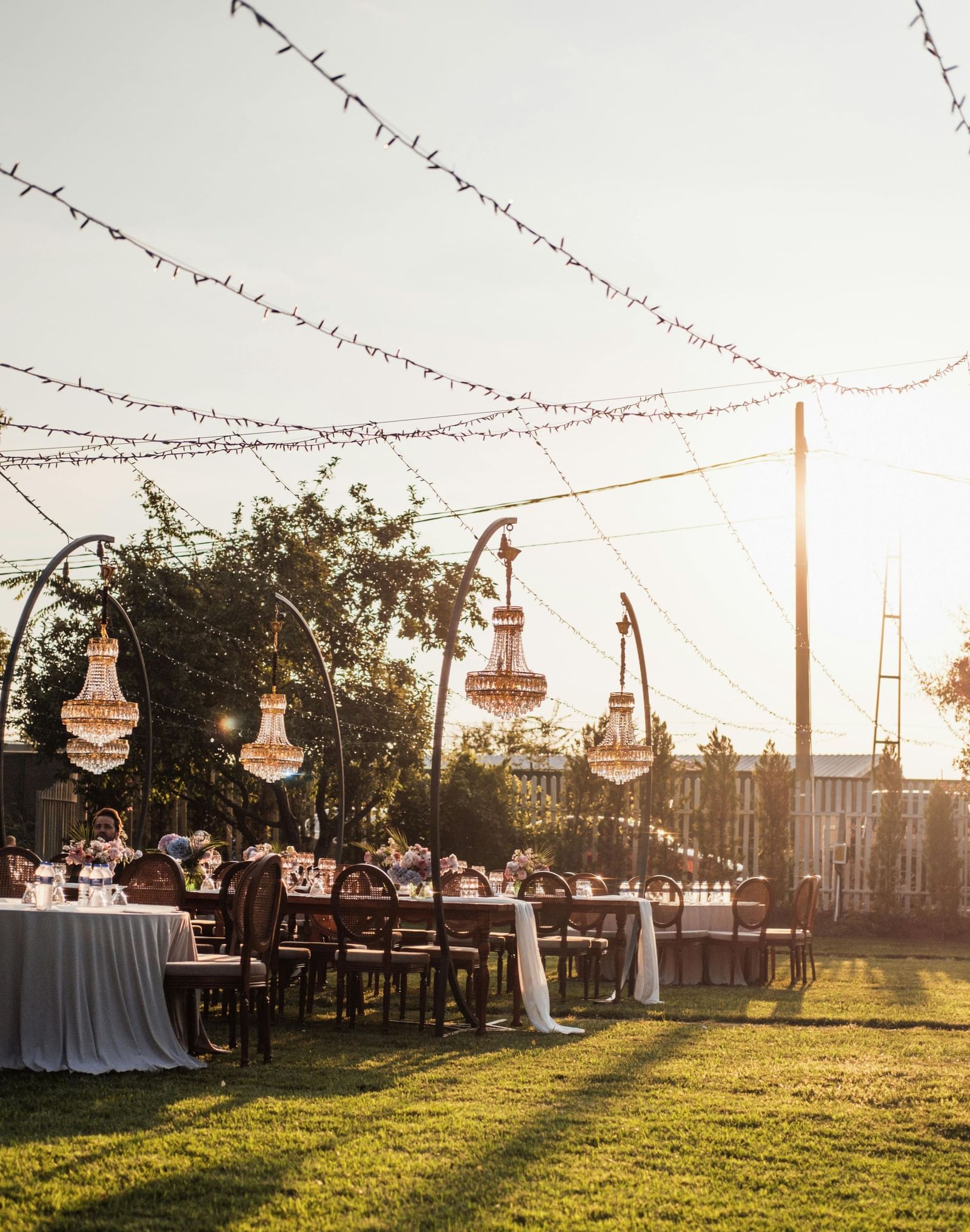 a lush green lawn with decorative strings hanging from the tall pillars as decoration on a bright sunny day