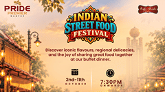 Indian Street Food Festival poster for Pride Premier Nagpur, showing pani puri, chaat, vada pav, jalebi and chai displayed on a festive street food stall